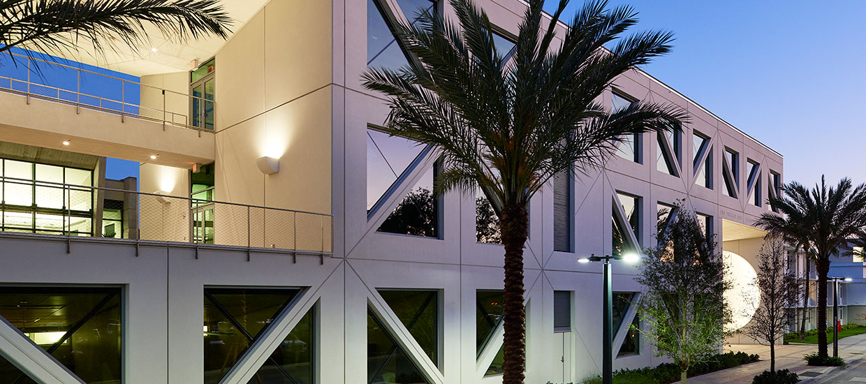 Outside of a building located at the Frost School of Music on the University of Miami Coral Gables Campus