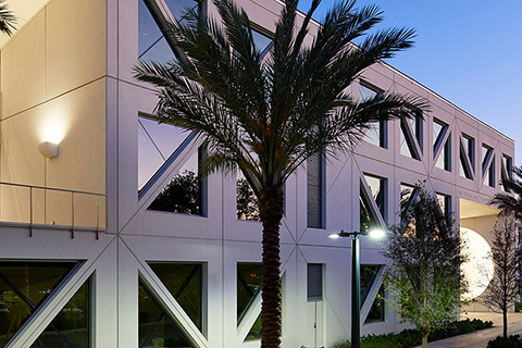 Outside of a building located at the Frost School of Music on the University of Miami Coral Gables Campus